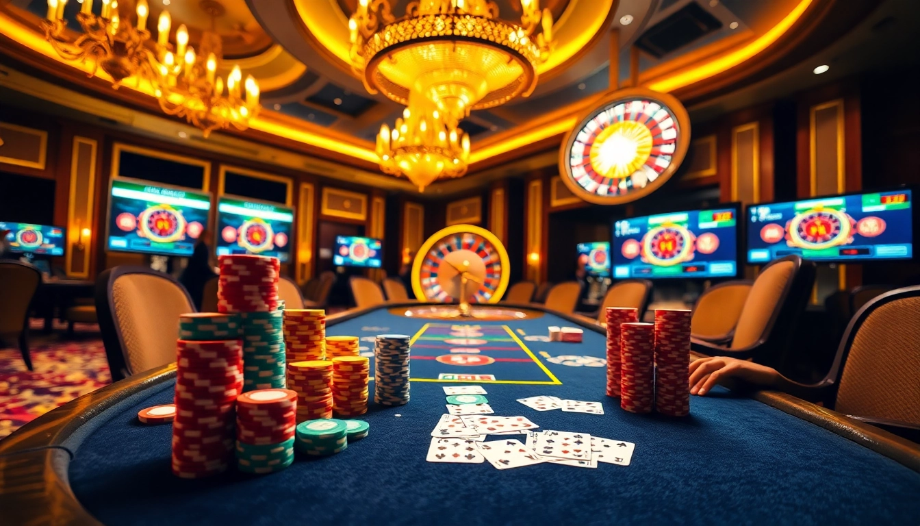 Engaging poker players at USBET's luxurious casino table with chips and cards.