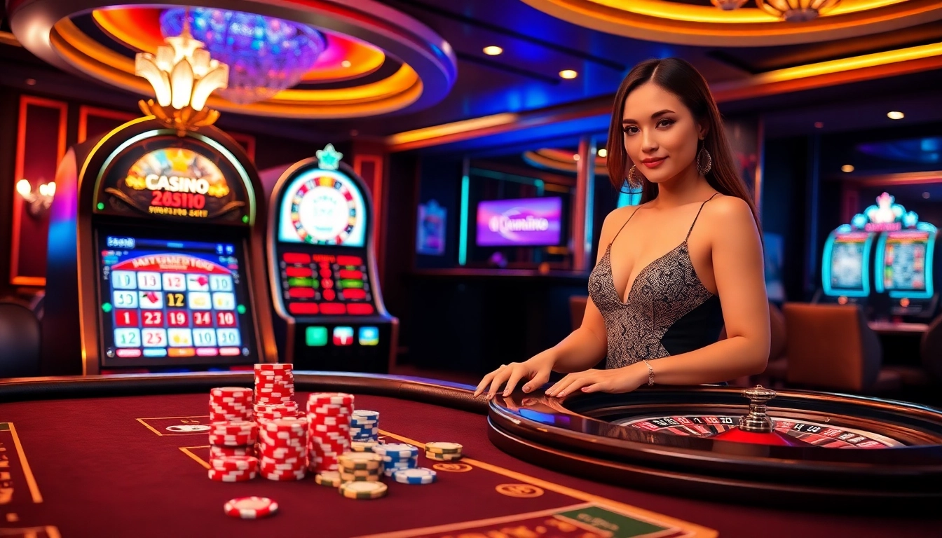 Exciting gambling scene at nhà cái sv66 showcasing poker chips and a slot machine.