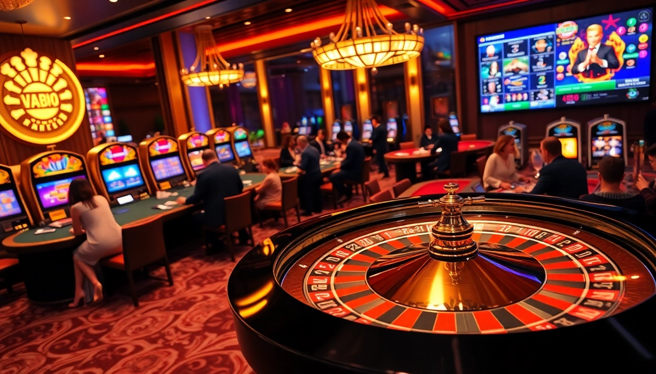 Exciting scene of a VN88 casino with a roulette wheel and diverse gambling activities.