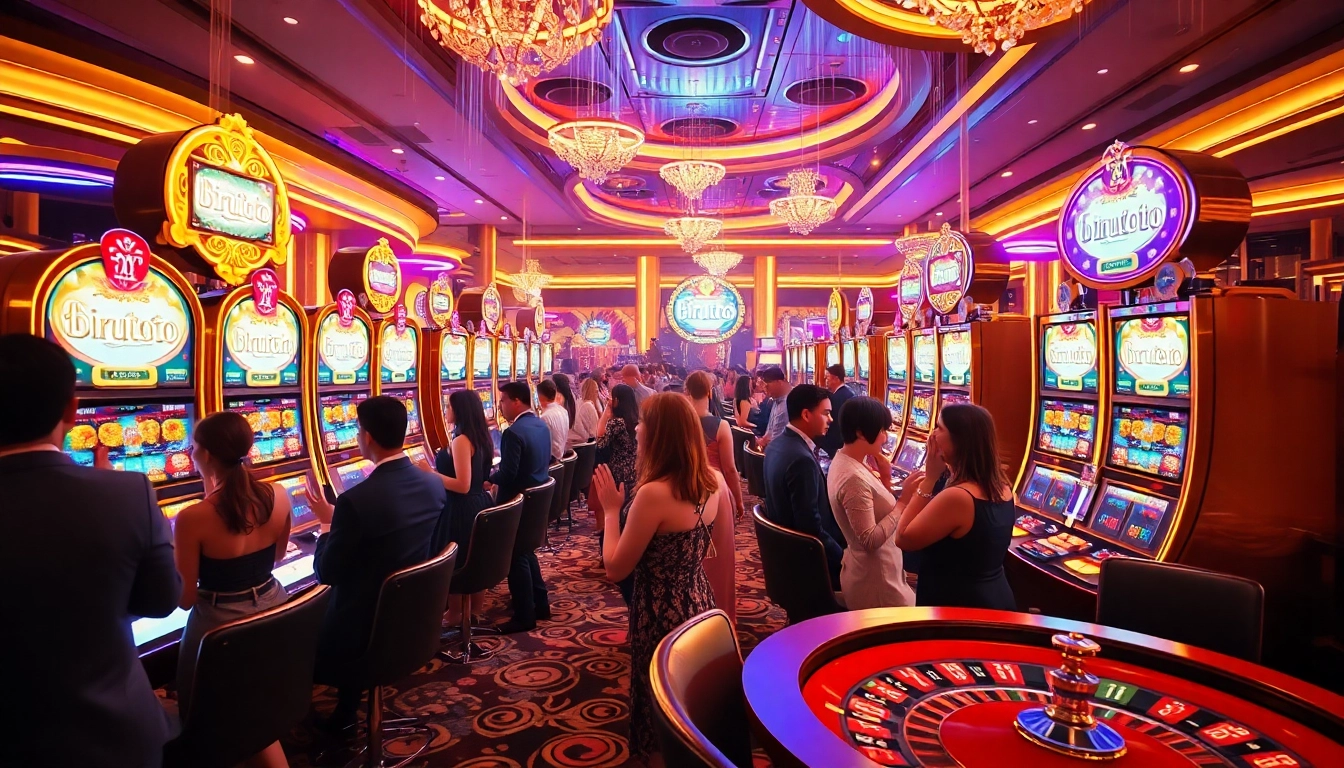 Excited gamblers enjoying the thrilling birutoto slot machines in a glamorous casino setting.