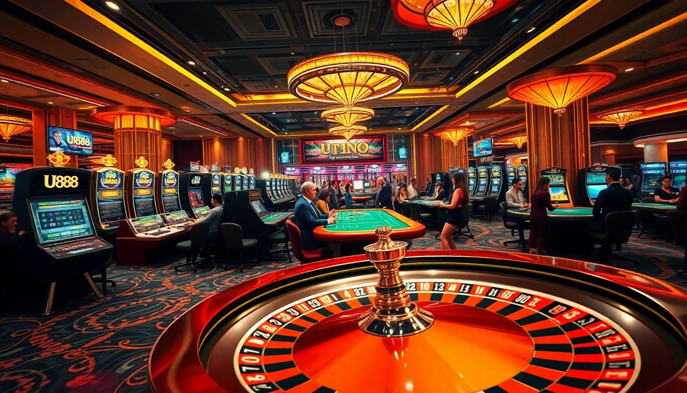 Experience the excitement at U888 casino with players betting at roulette and poker tables.