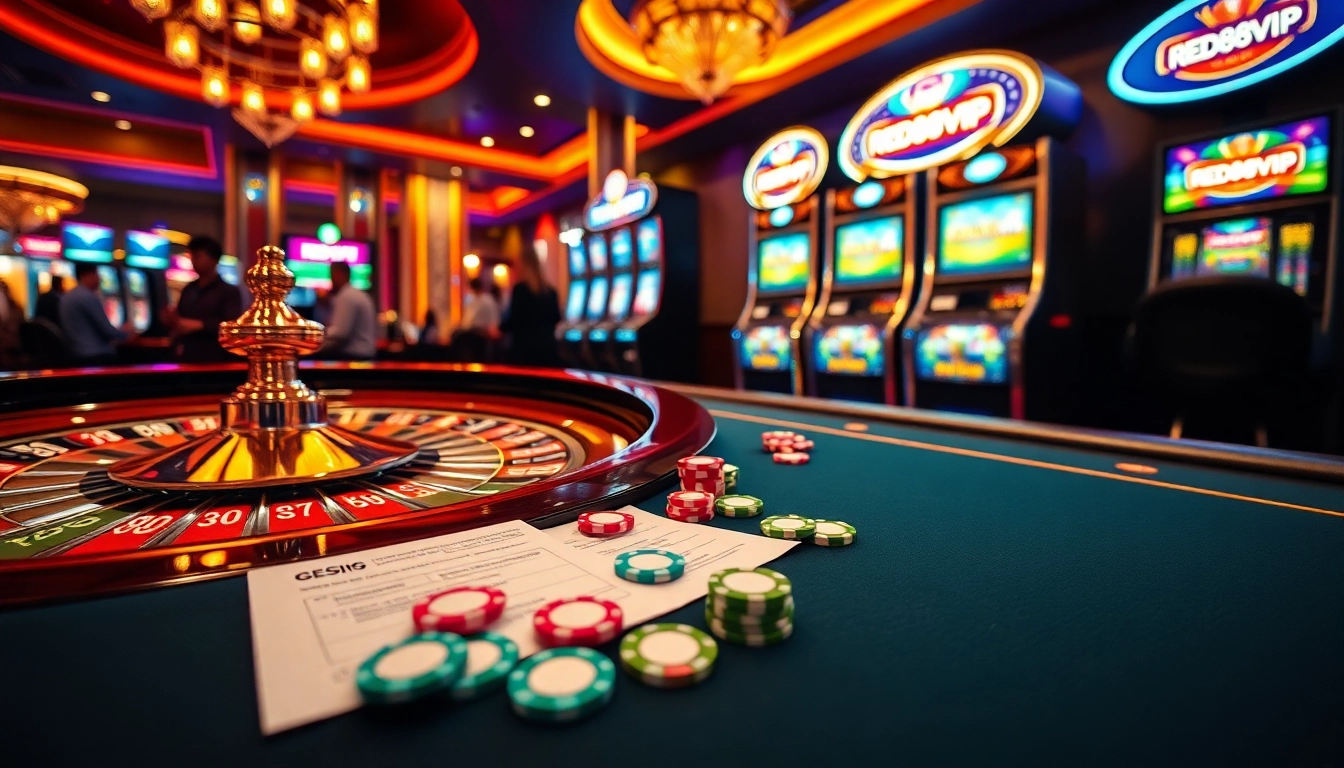 Experience exciting gaming action at red88vip with vibrant casino visuals featuring roulette and slot machines.