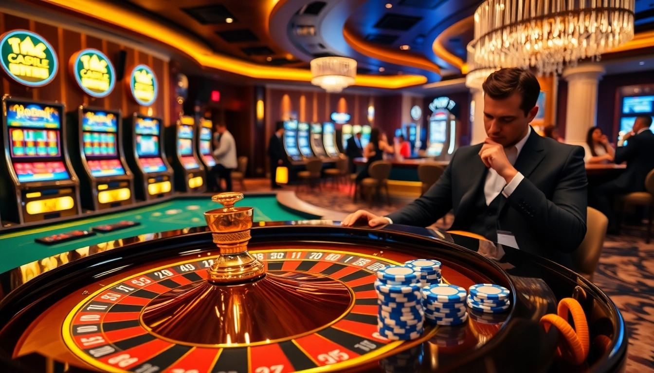 Experience excitement at https://9bet.com.de/ with a luxurious casino scene featuring roulette and poker.