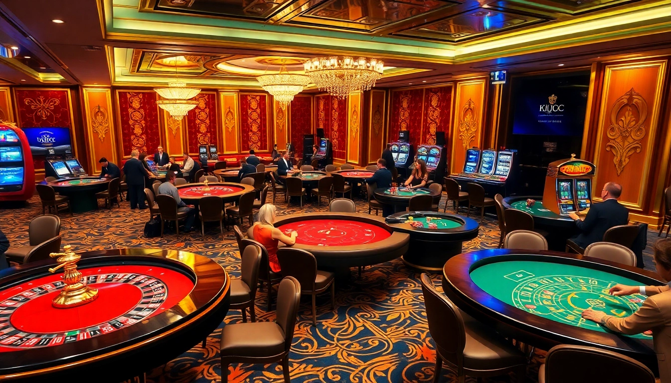 Excited gamblers at KJC luxury casino tables enjoying vibrant roulette and poker games.