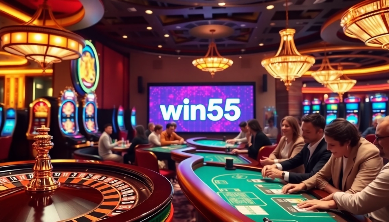 Engaged gamblers strategizing at a luxury casino with a win55 themed roulette wheel.