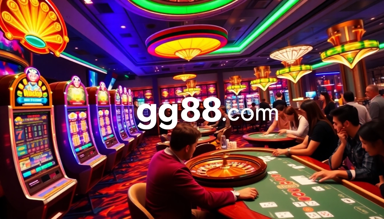 Experience the excitement of gaming at gg88.com with engaging poker tables and colorful slot machines.