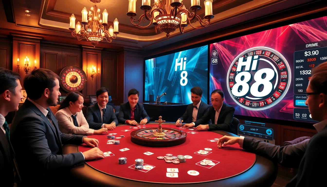Engage in a thrilling poker game at Hi 88 casino, featuring vibrant chips and a sleek roulette.