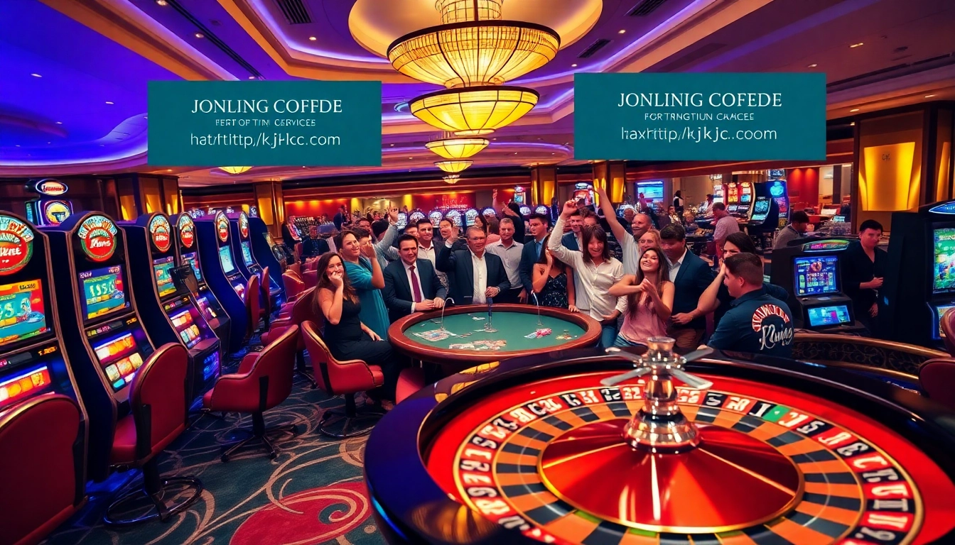 Players enjoying thrilling casino games at https://kjc.coffee/ with vibrant slot machines and casino tables.