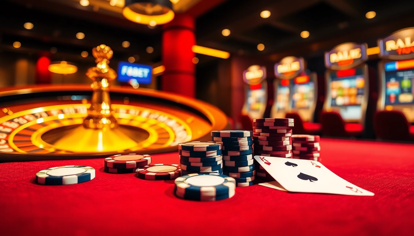 Exciting F8BET gaming scene with luxury casino elements including roulette and poker.