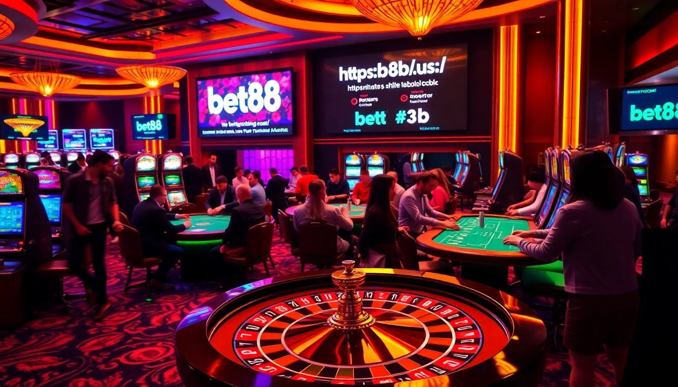Experience the excitement at https://bet88b.us.com/ with vibrant casino games on display, including poker tables and roulette wheels.