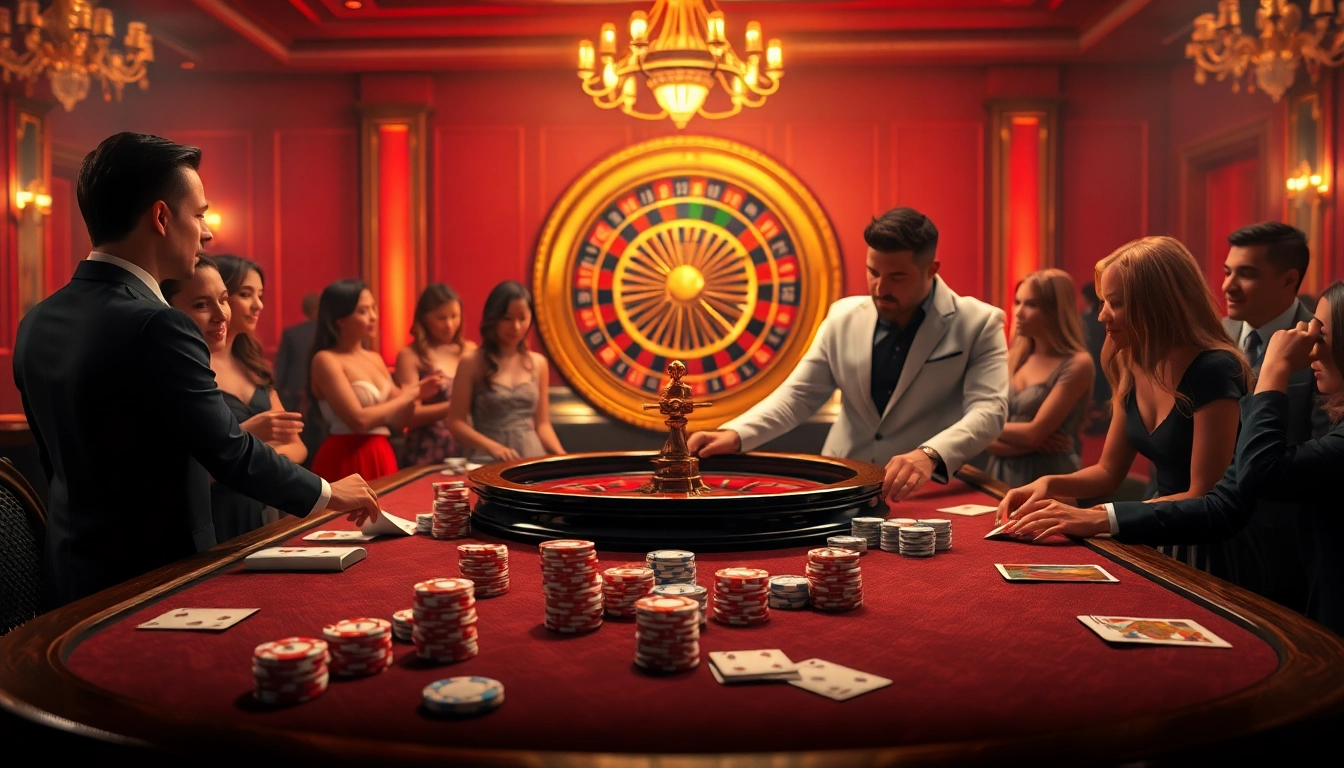 Engage in a thrilling KK55 casino scene with vibrant poker chips and an elegant roulette wheel.