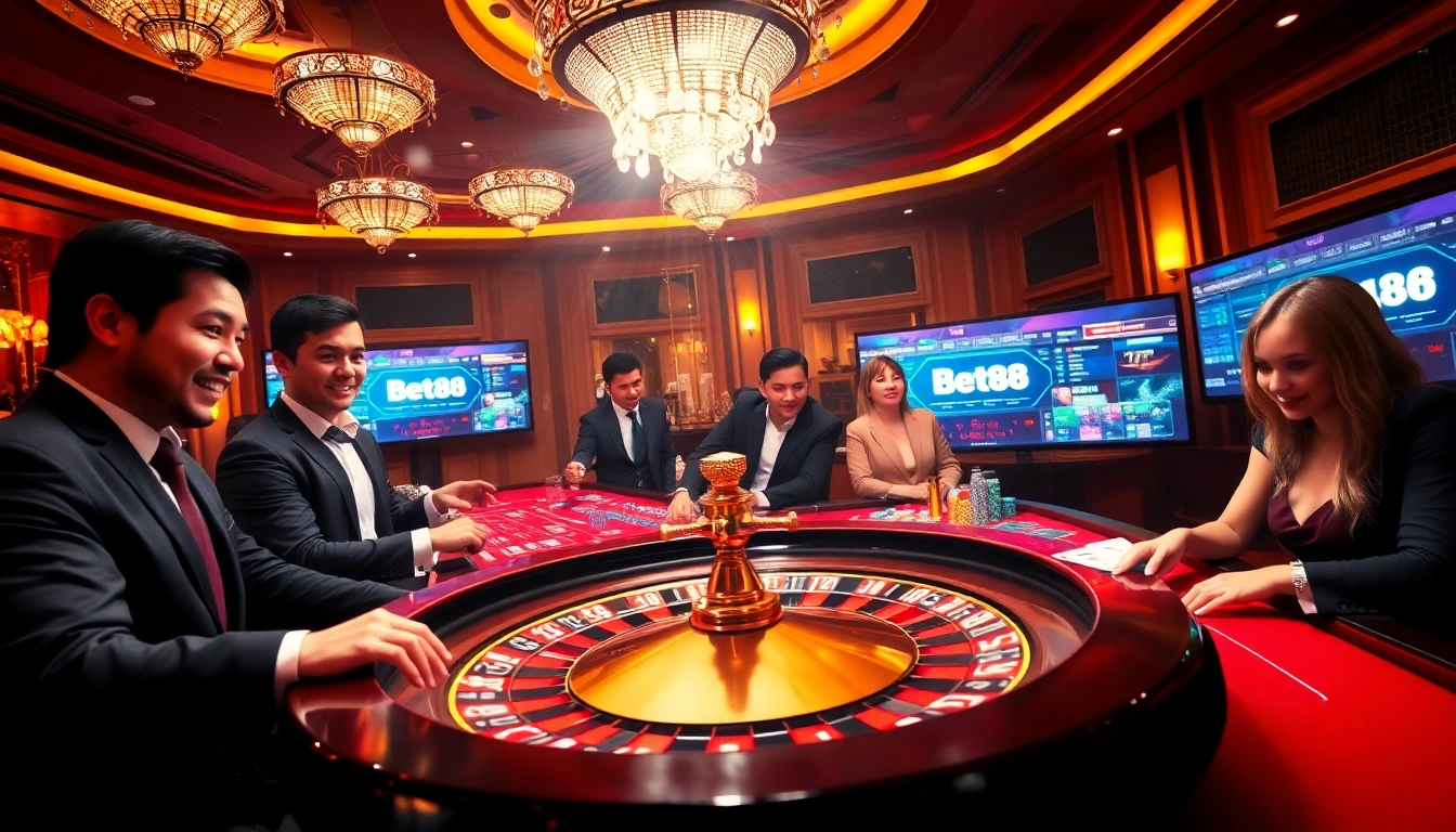 Experience the thrill of Bet88's luxurious casino atmosphere with vibrant tables and engaging players.
