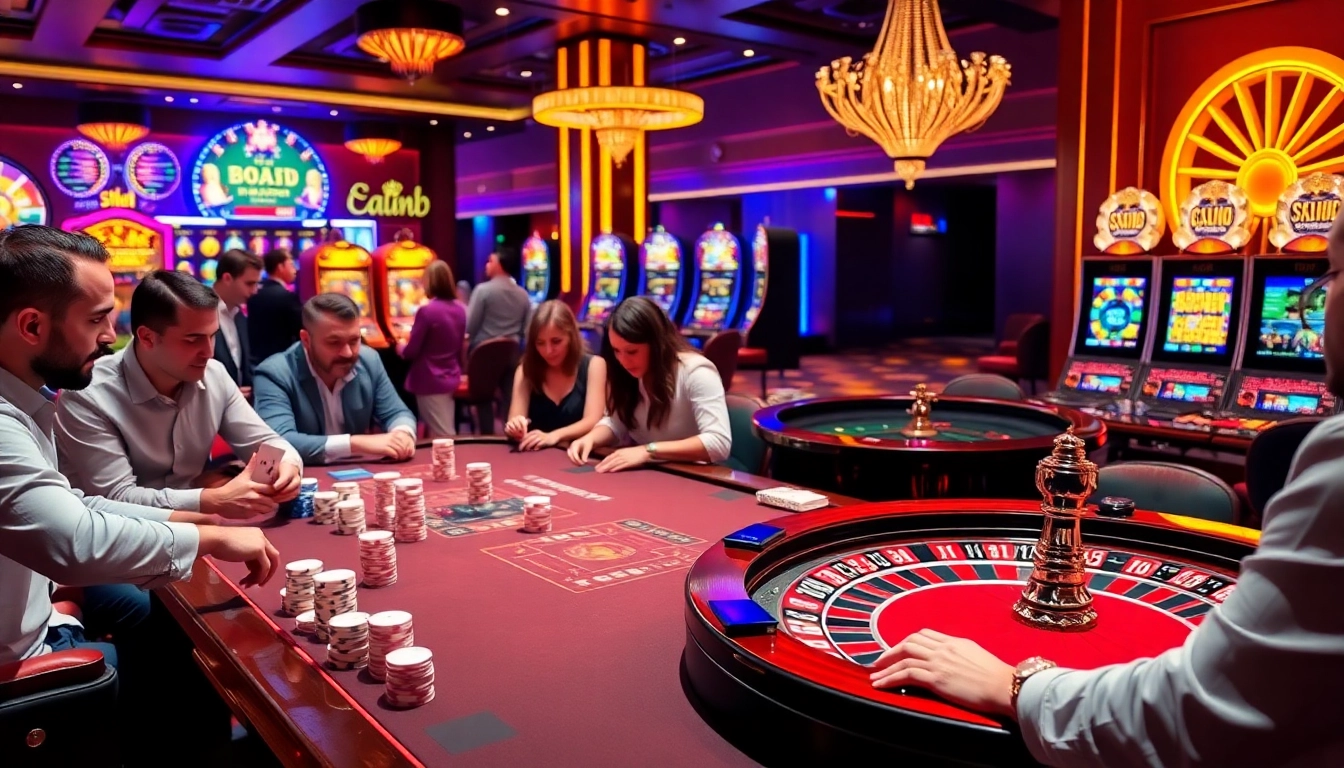 Excited players engaging at the goood88 casino poker table, surrounded by vibrant lights and action.