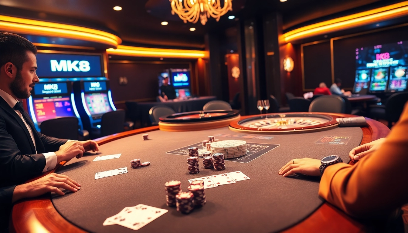 Players engaging in a thrilling game of poker at MK8, surrounded by colorful chips and cards.