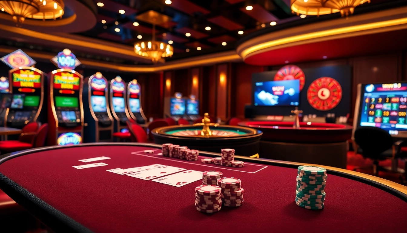 Experience thrilling action at the ww88 casino table featuring poker chips and cards.