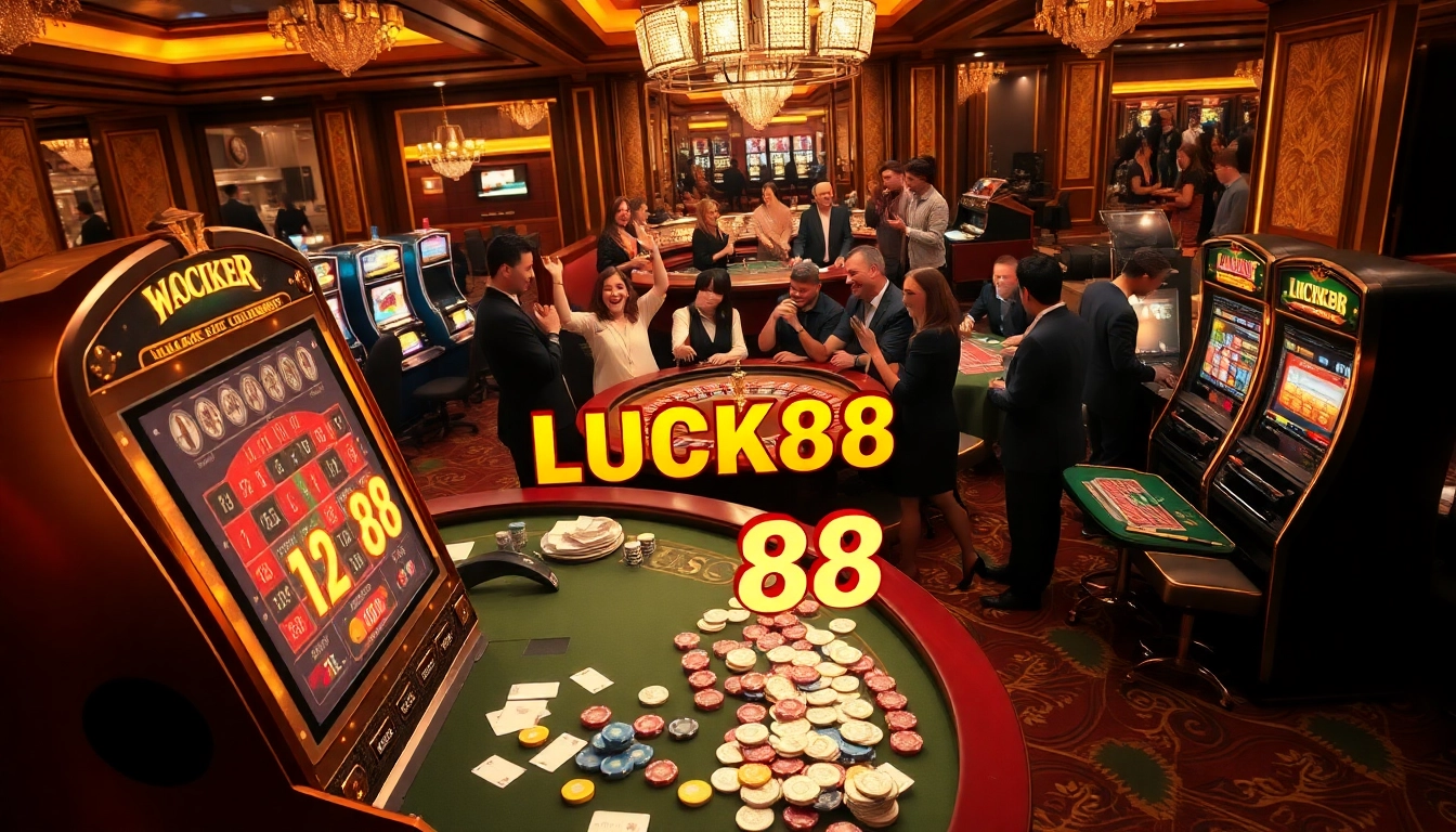 Engaged players enjoying a game at the LUCK88 slot machine in a luxurious casino setting filled with excitement.
