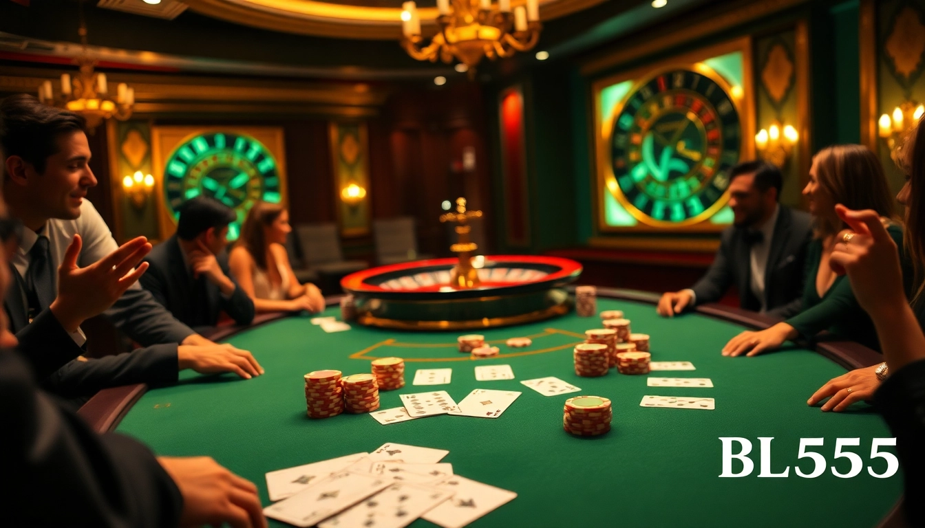 Players celebrating a win at BL555 poker table in a luxurious casino setting.