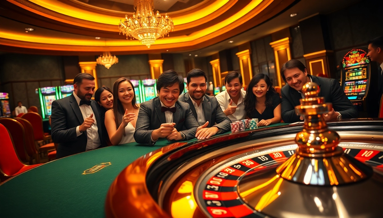 Experience the excitement of https://go8.cash/ with players at a luxurious casino poker table.