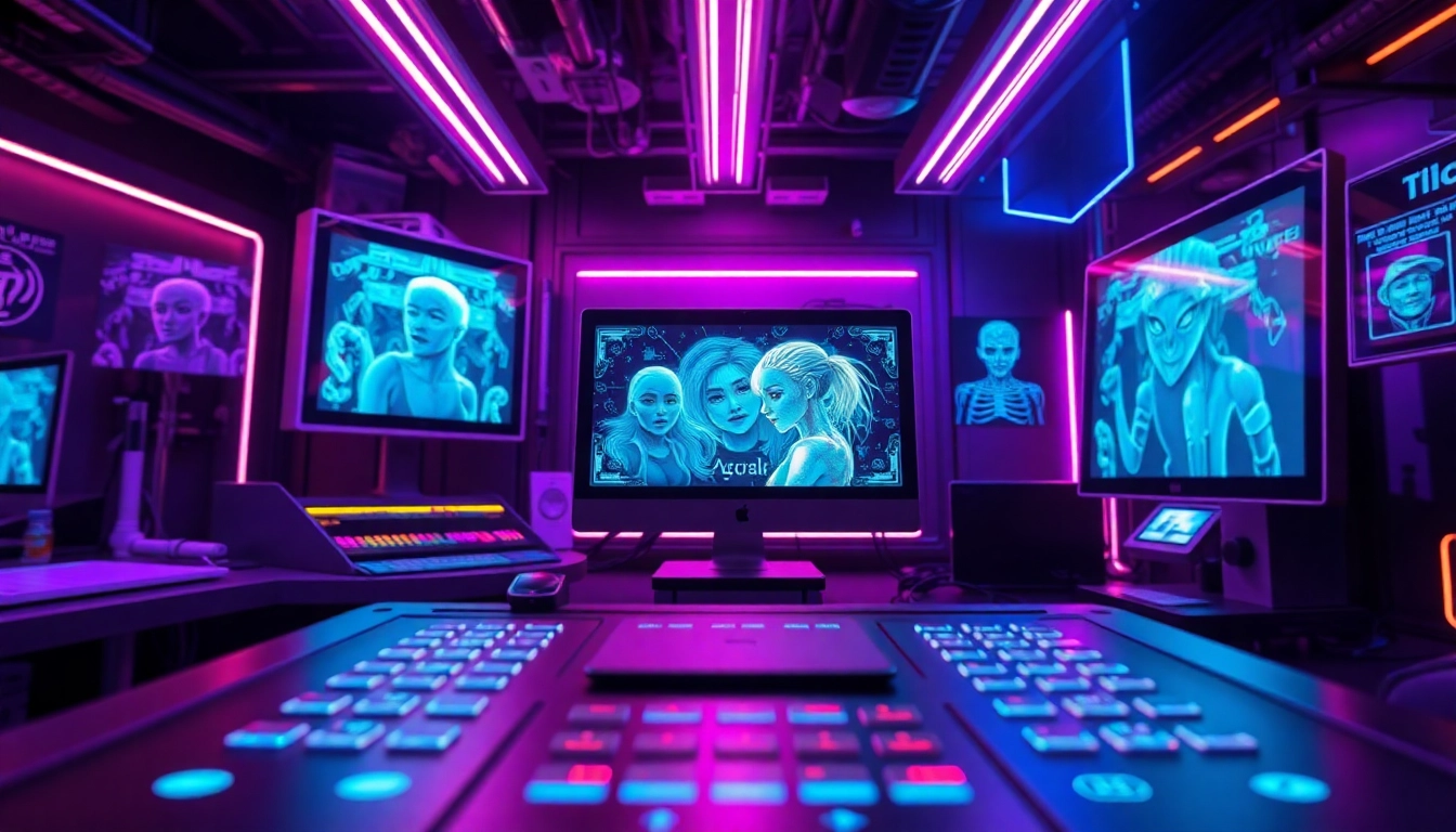 Experience the innovative world of nsfw ai image generation in a modern tech lab filled with vibrant neon colors.