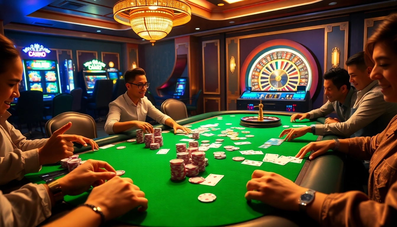 Action-packed casino scene featuring exciting poker gameplay at link 98win online.