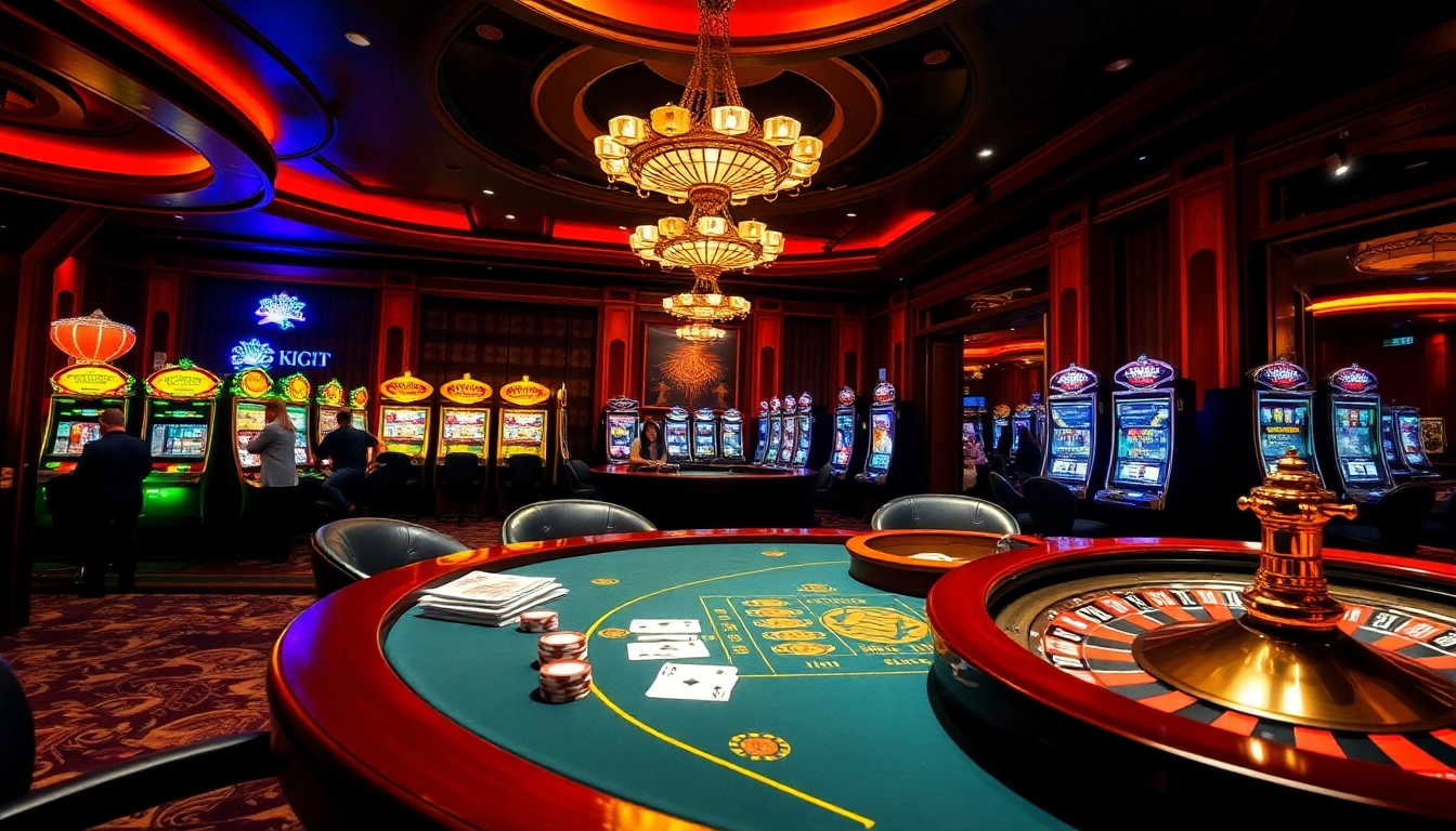 Experience the thrill of gaming at https://lu88gov.com/ with a luxurious casino interior showcasing poker tables and slot machines.