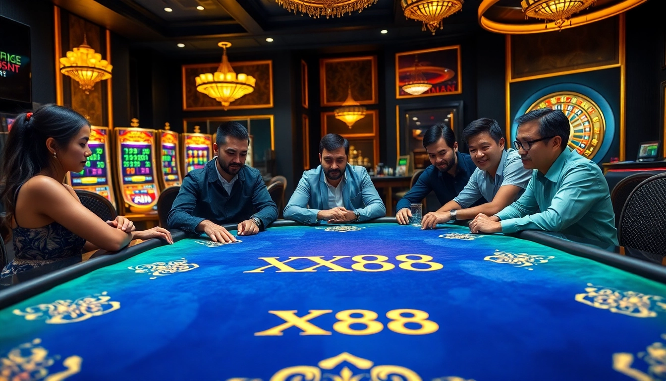 Players strategizing at a poker table featuring the keyword XX88 amidst vibrant casino ambiance.