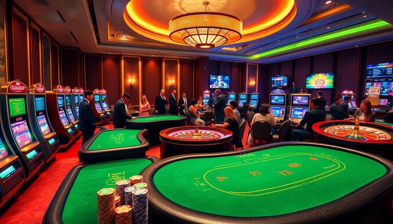 Experience thrilling gameplay with Sumvip in a dazzling casino atmosphere filled with poker tables and slot machines.