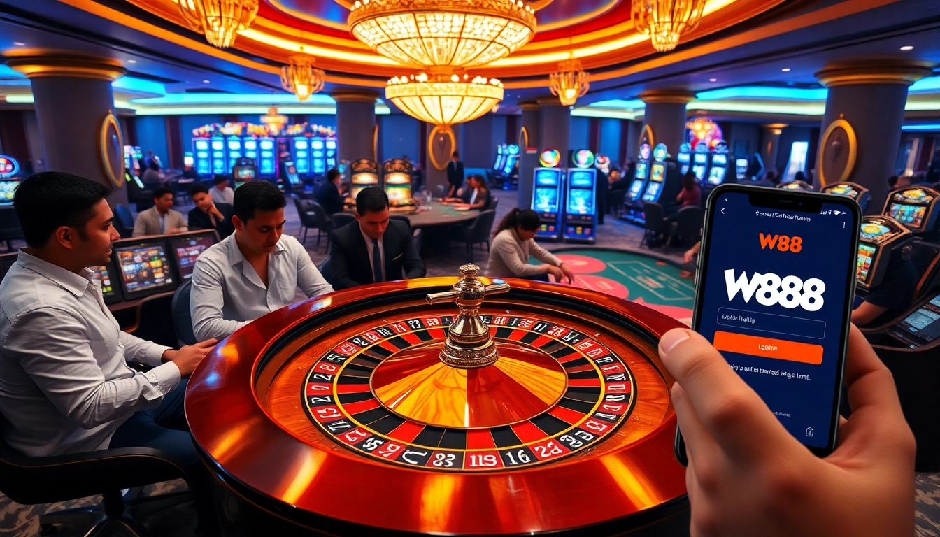 Experience the thrill of w88 đăng nhập at a luxurious casino with roulette and poker tables.