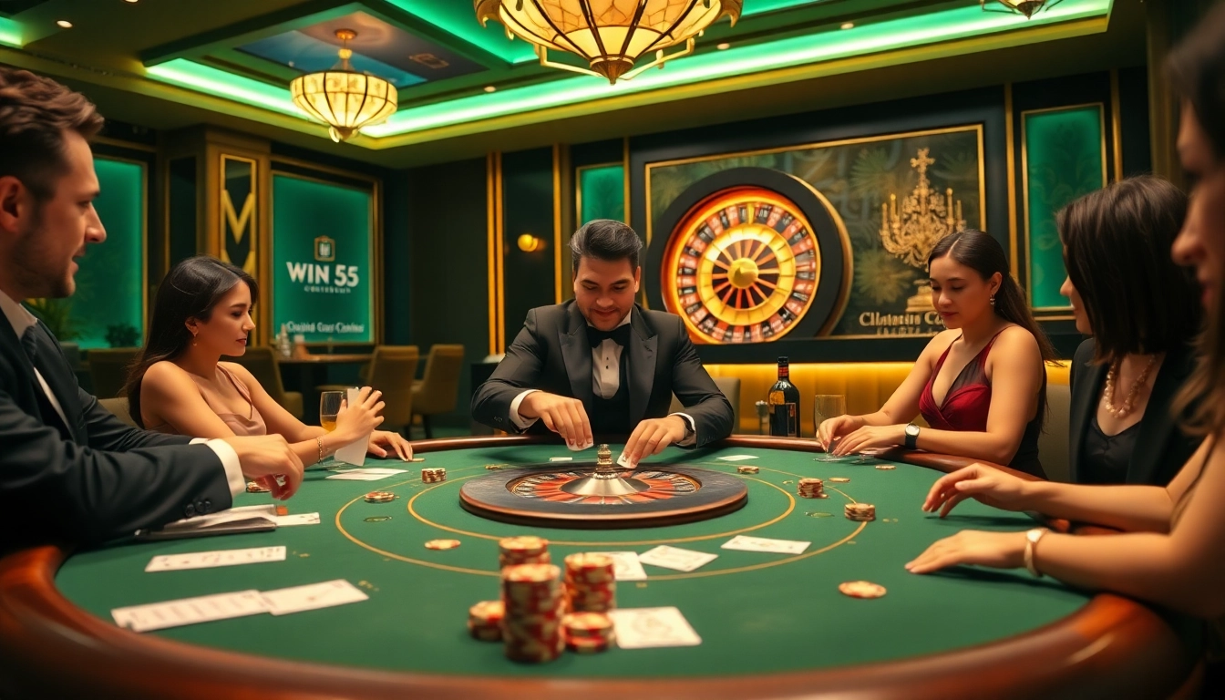 Experience thrilling gameplay at win55 with a lively poker table and professional dealer.
