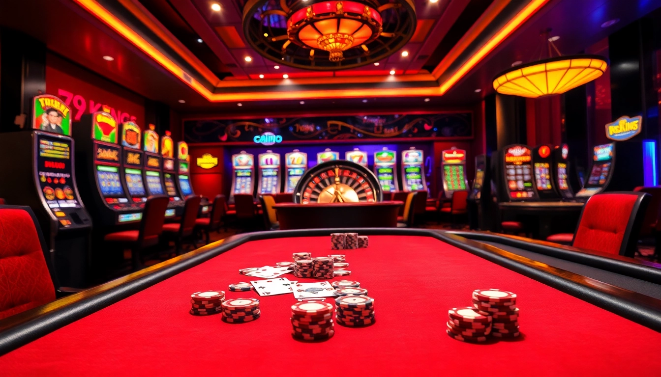Experience thrilling poker action at 79King's luxurious casino tables with vibrant slot machines.