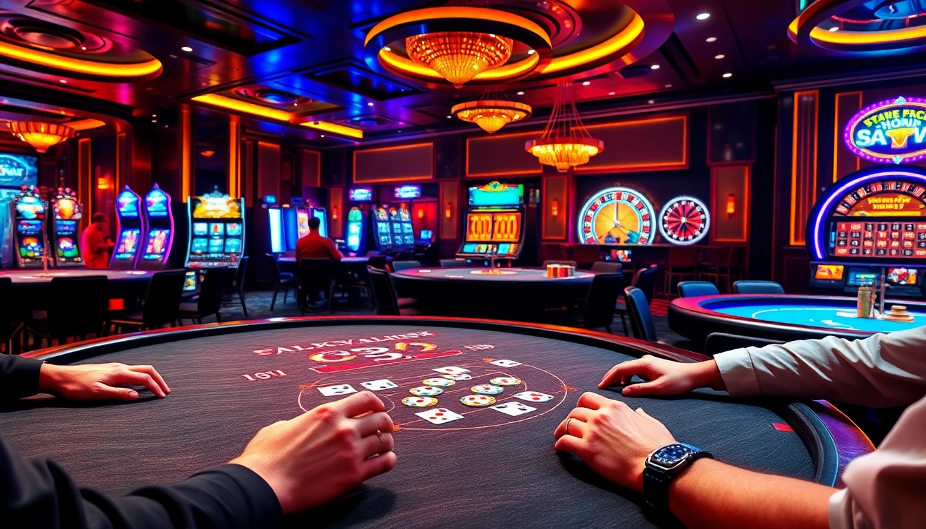 Intense gaming action at a poker table with gamebaidoithuong.trading backdrop, showcasing chips and cards.