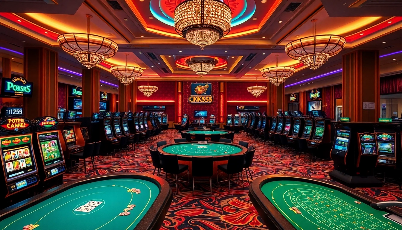 Engage with the thrilling atmosphere of KK55's vibrant casino floor featuring various games and betting activities.