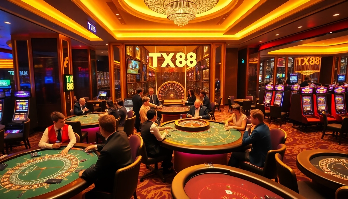 Exciting casino scene with TX88 themed gaming tables and stylish players engaging in high-stakes games.
