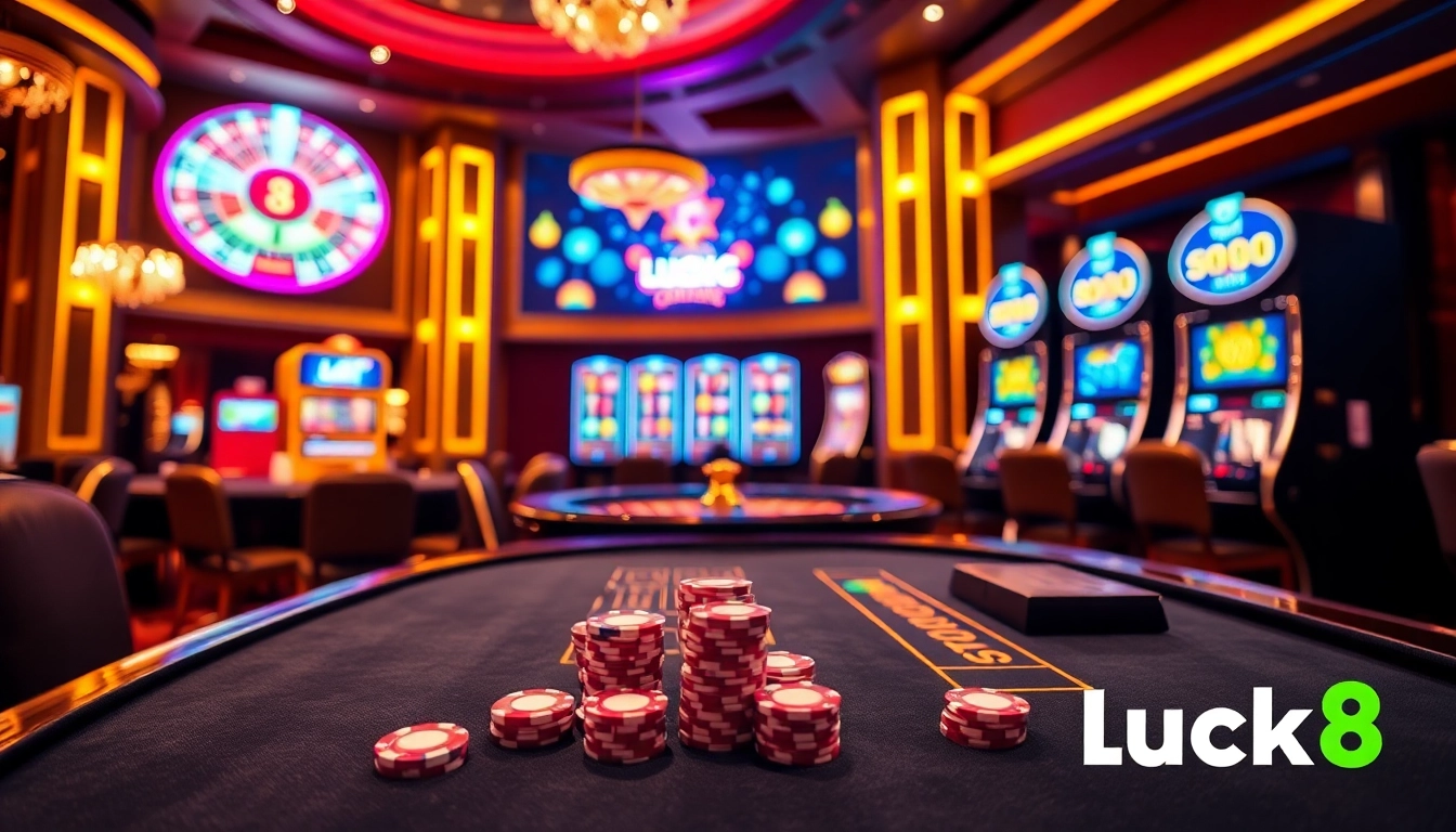 Luck8 casino scene featuring vibrant tables, poker chips, and slot machines for an engaging gambling experience.