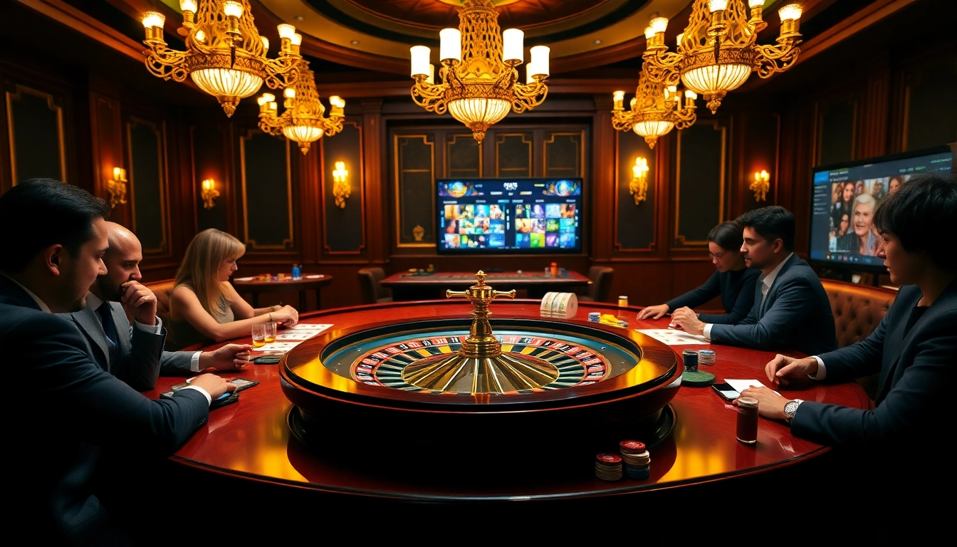 Engaging scene at a luxurious casino, showcasing excitement around the roulette as link OKFUN enhances gambling experiences.