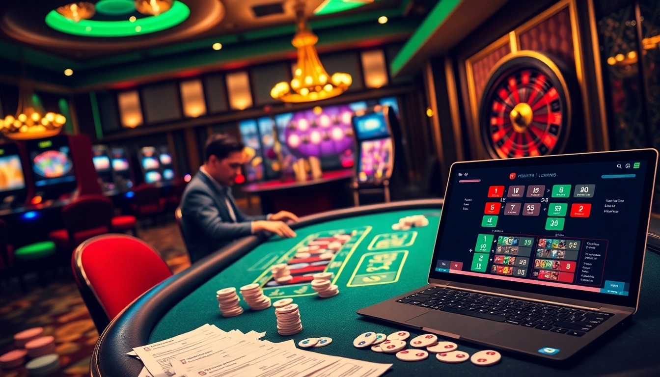 Players engaged at a poker table and roulette wheel at Luck8 casino game.