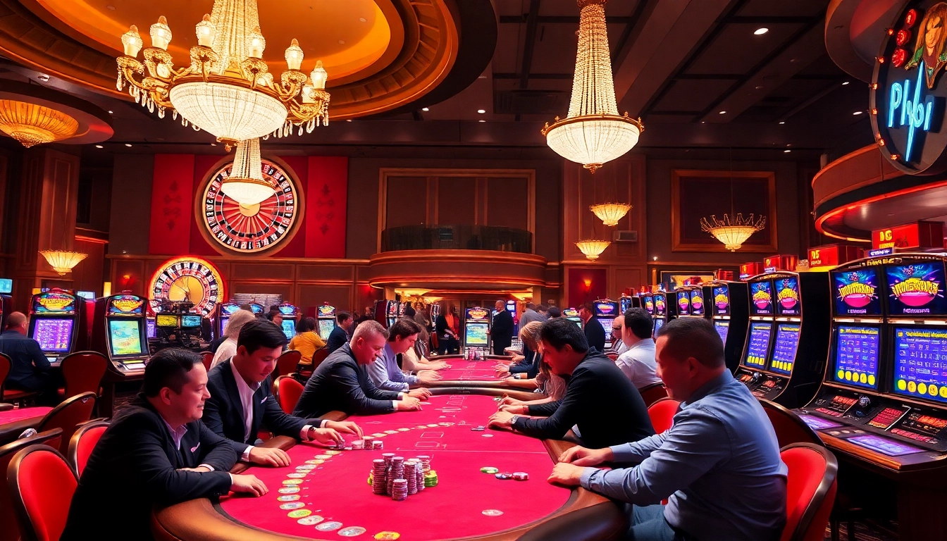 Engaging casino scene showcasing gambling excitement at https://kjcmh.com/ with vibrant tables and players.