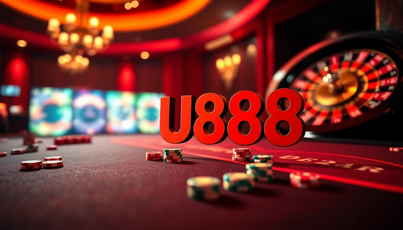 Experience the thrill of U888 at an elegant casino table with vibrant chips and roulette.