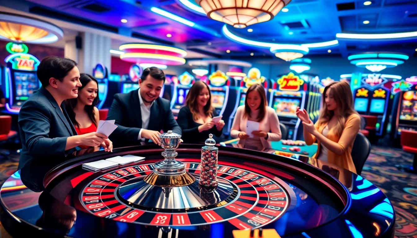 Players enjoying the thrilling 13Win game at a luxurious casino table with chips and cards.
