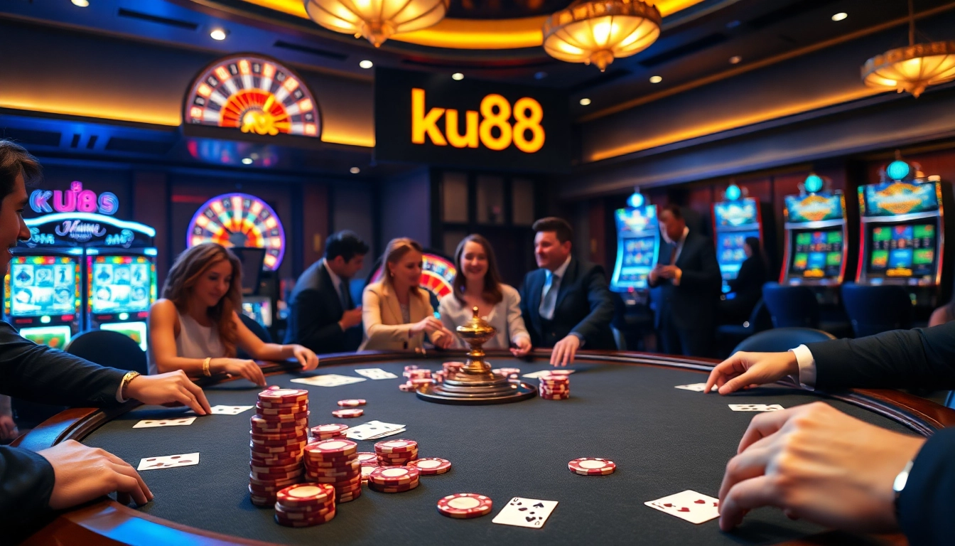 Experience a thrilling game at ku88 with vibrant casino tables and excited players.