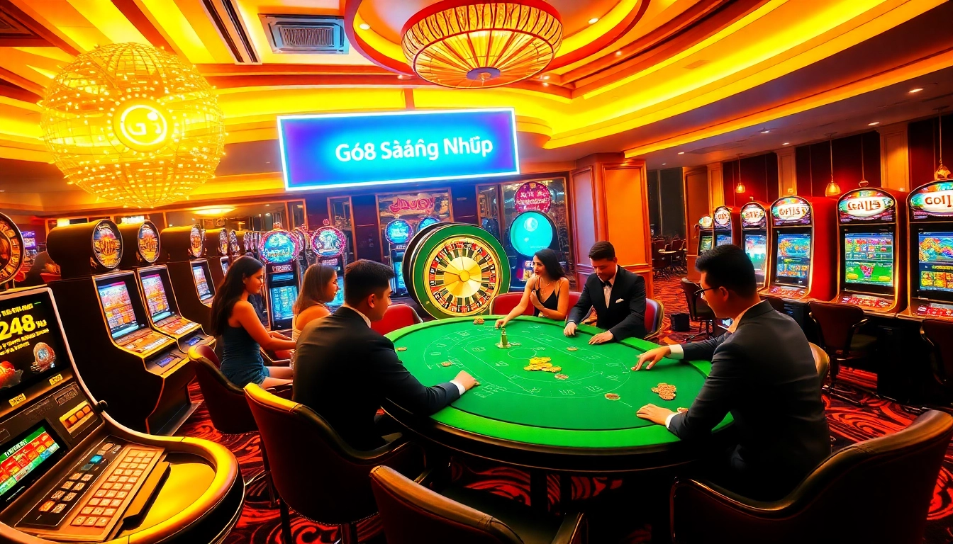 Experience GO8 đăng nhập at a luxury casino with vibrant poker tables and exciting slot machines.