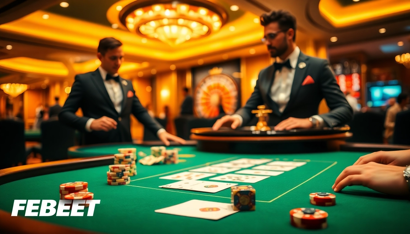 FEBET enhances the excitement of gambling at a luxurious poker table with colorful chips and cards.