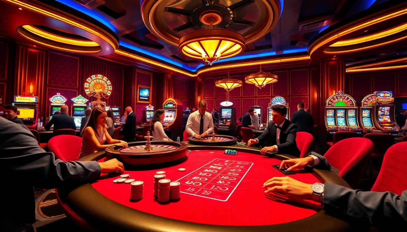 Players enjoy high-stakes action at 8kbet casino tables, featuring poker chips and vibrant slot machines.