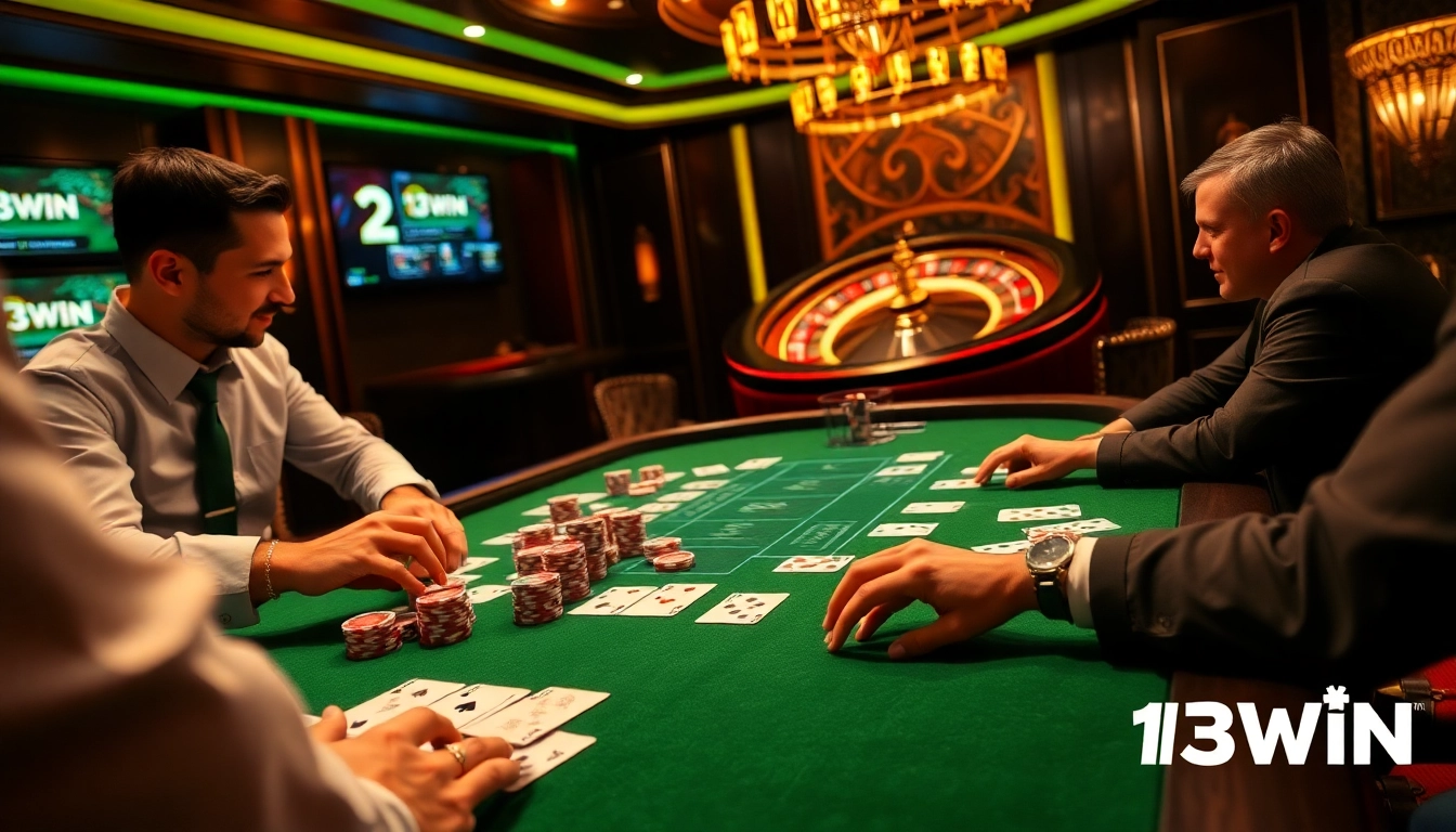 Exciting players engaging in a critical 13Win game of poker at a luxury casino table with vibrant chips and cards.