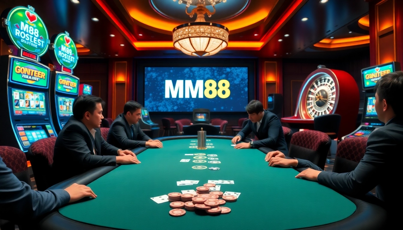 Exciting poker game at MM88 casino showcasing luxurious atmosphere and engaging players.