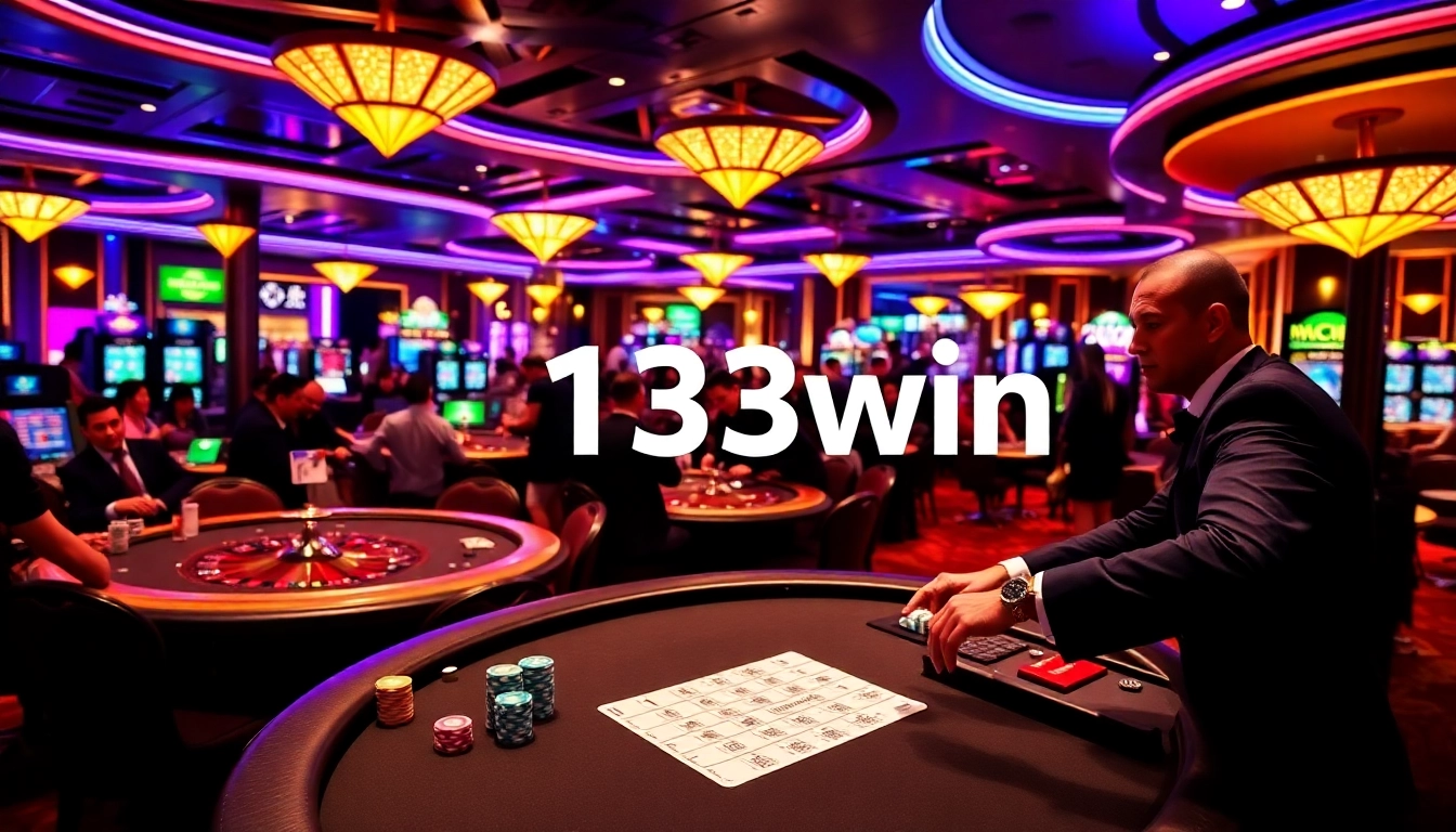 Players engaging in strategic betting at the 123win casino, surrounded by vibrant gaming elements.