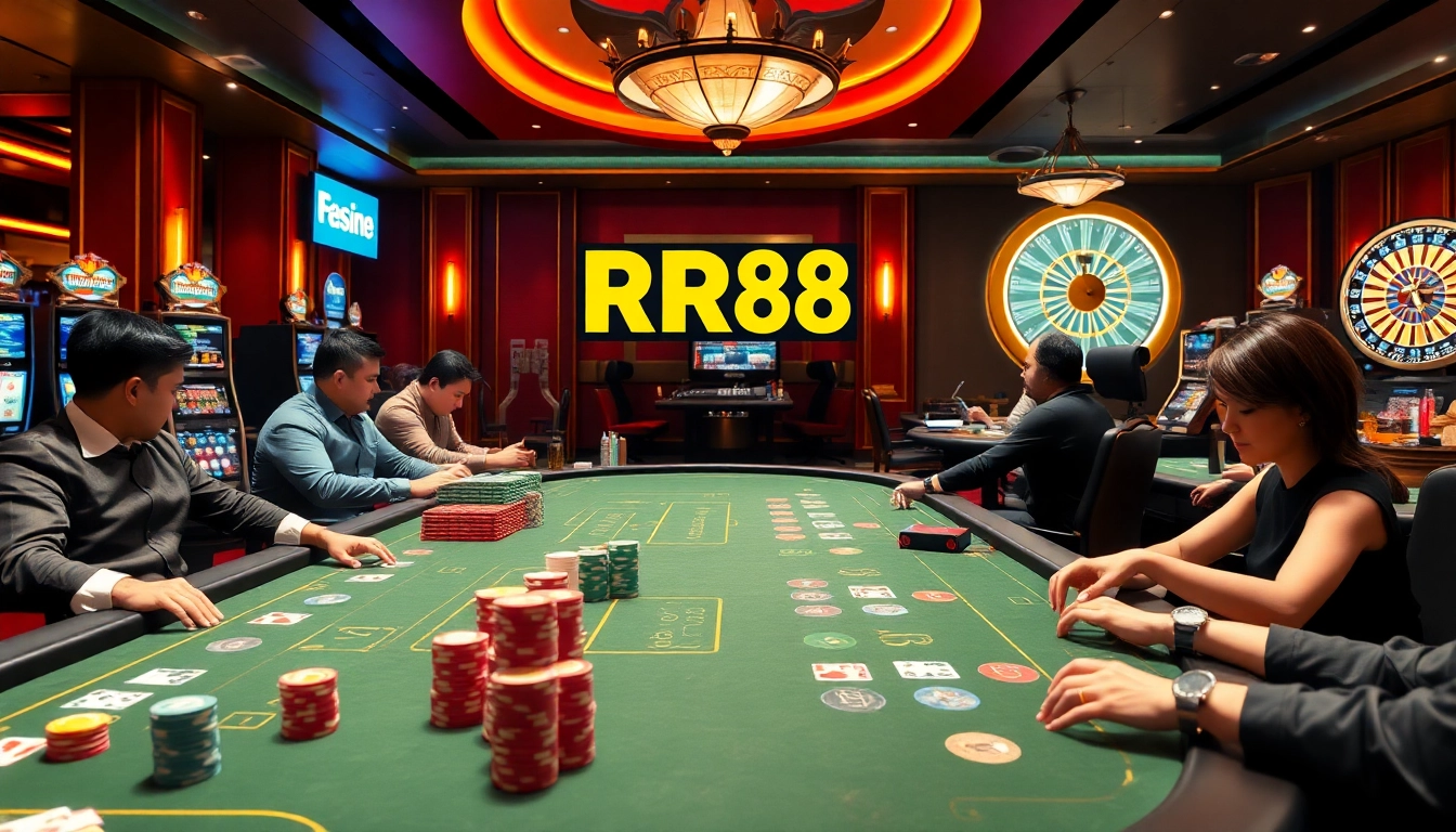 Players enjoying the excitement of RR88 at a luxurious casino table surrounded by vibrant surroundings.