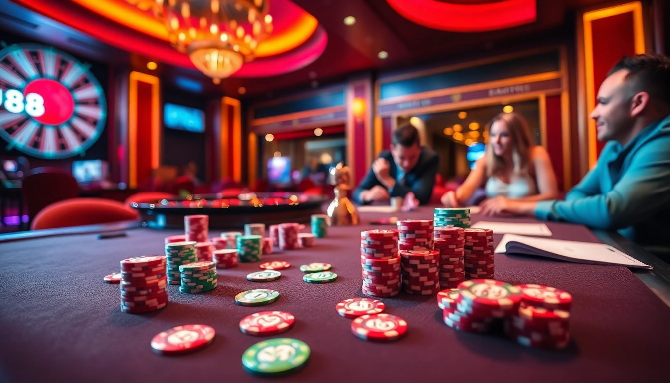 Experience exciting gameplay at a J88-themed casino table with vibrant decorations.