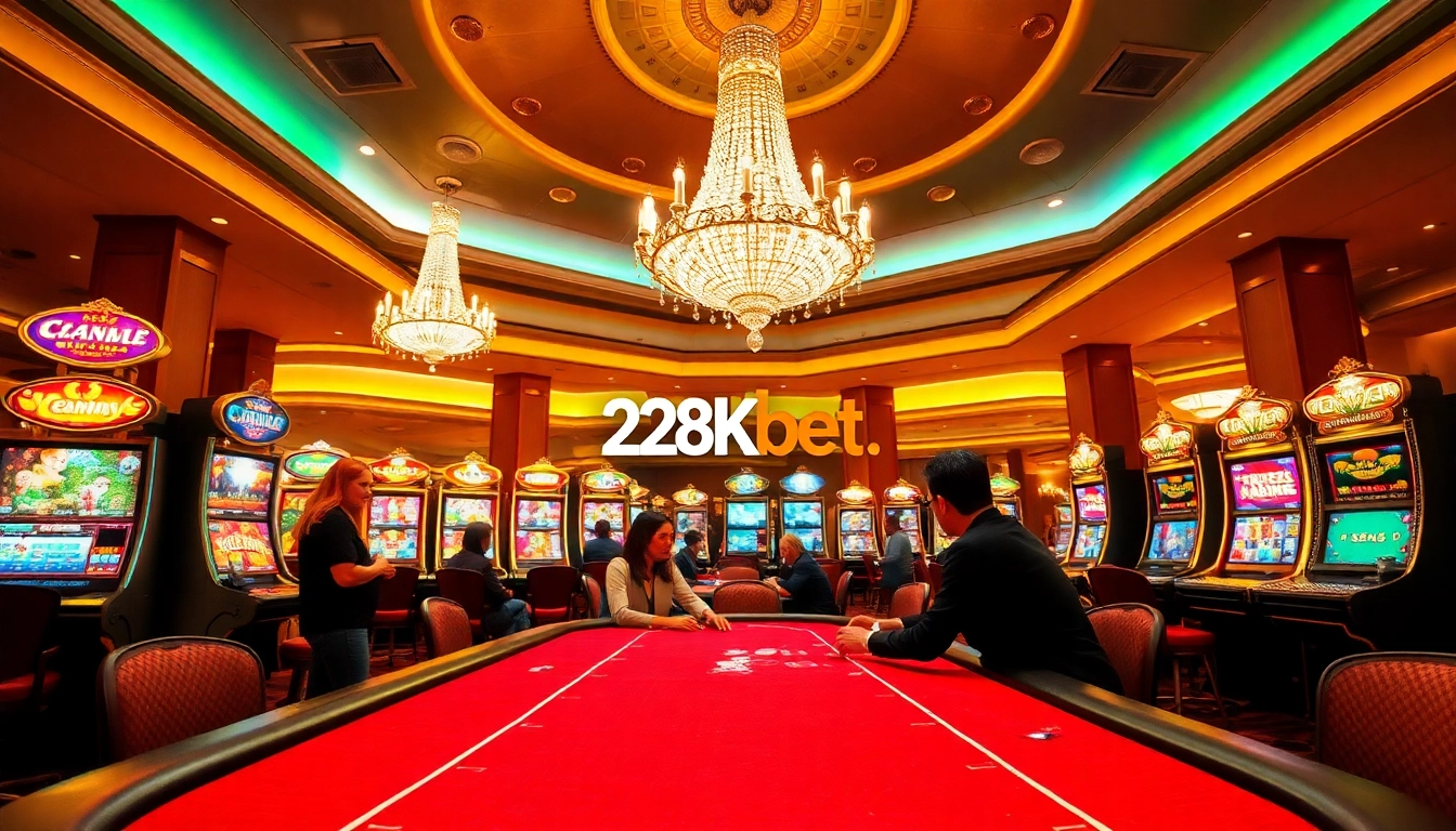 The exciting atmosphere at http://228kbet.net/ casino showcasing poker action and vibrant slot machines.