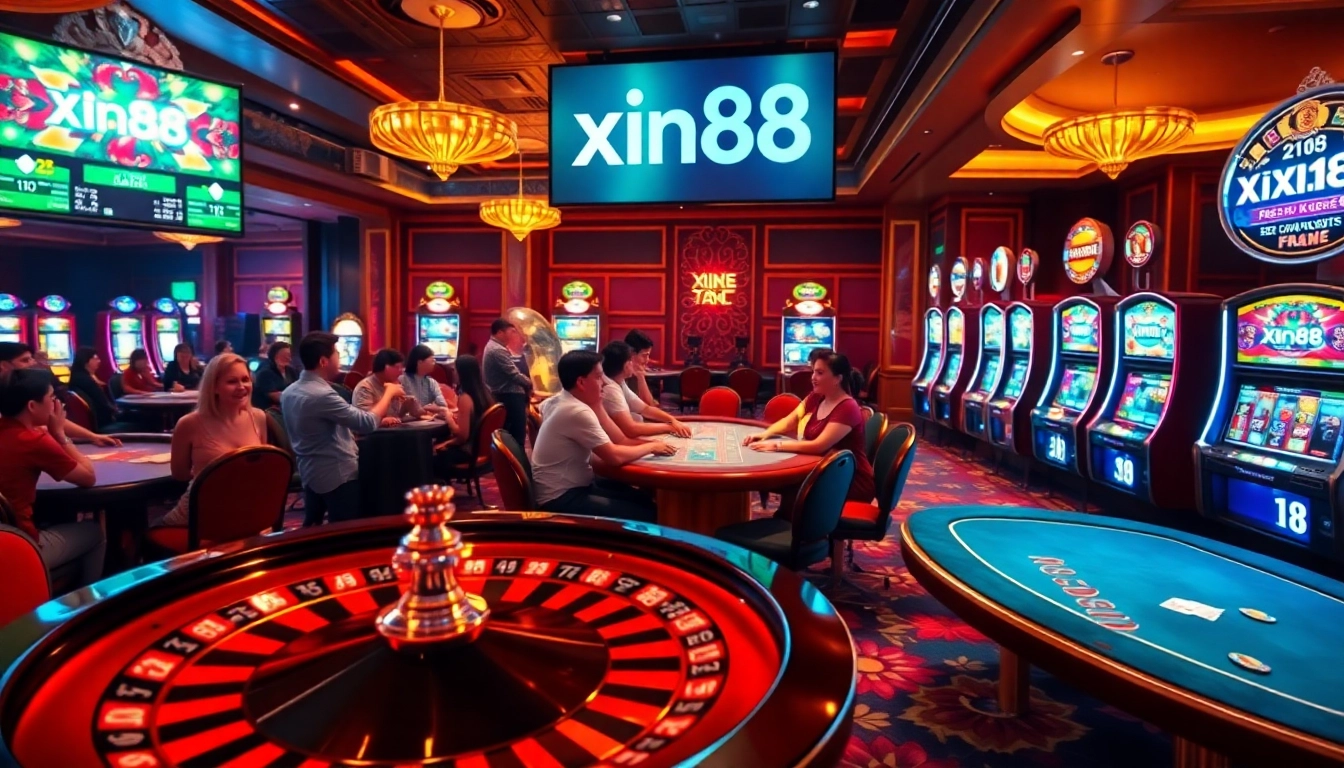 XIN88 offers engaging gambling experiences with vibrant casino tables and roulette wheels.